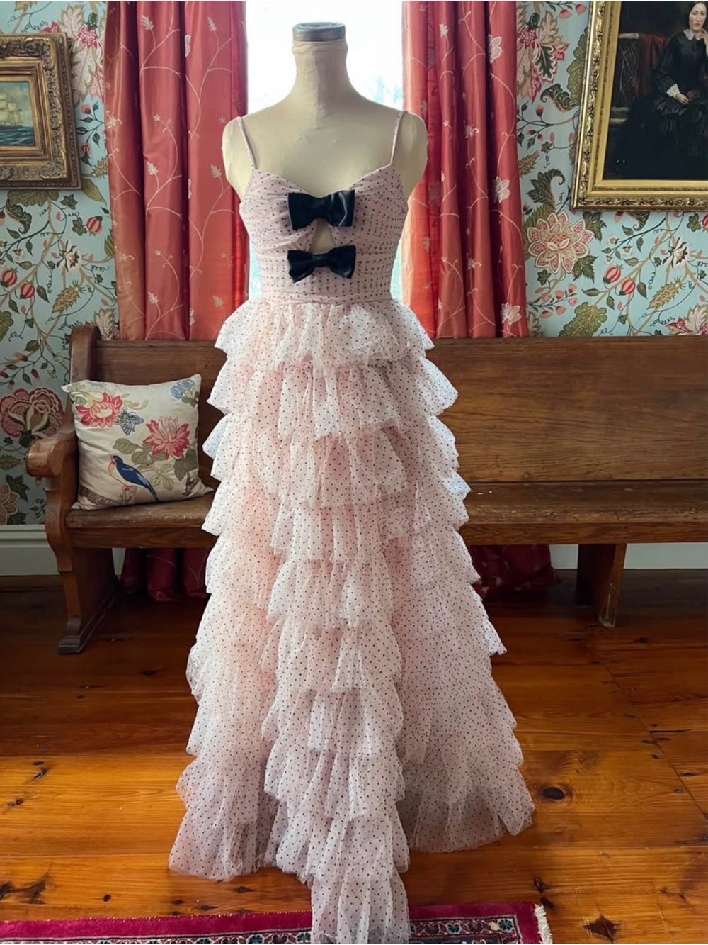 New with Tags Size 5/6 Pink Polka Dot Ruffled Long Prom Dress with Black Bow